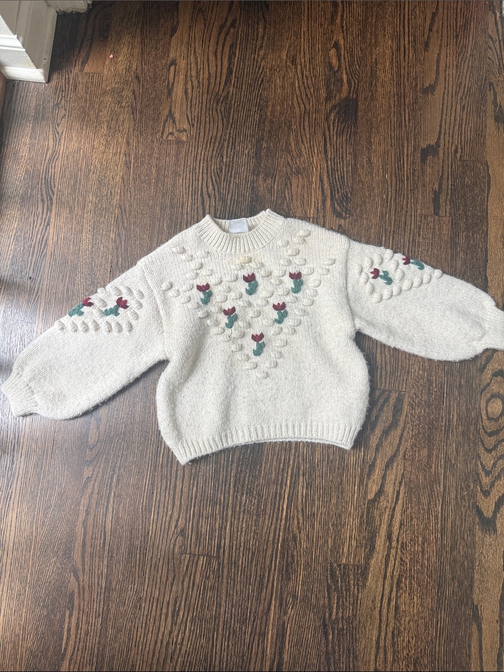 Zara Cream Crewneck Sweater with Embroidered Red & Green Flowers